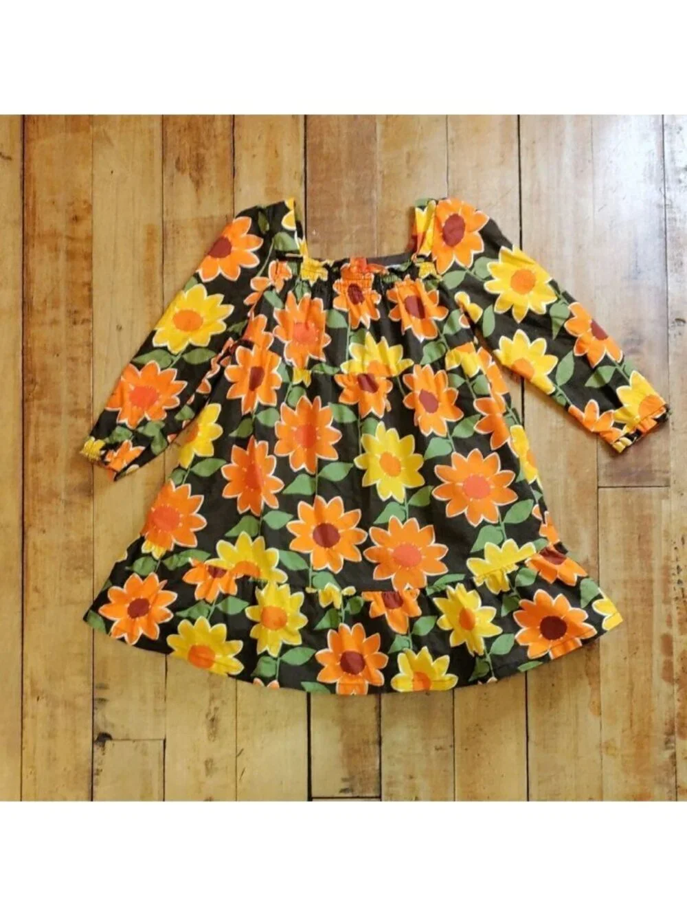 Gymboree Dress 4T Floral Long Sleeve Cotton Dress Retro Yellow Orange